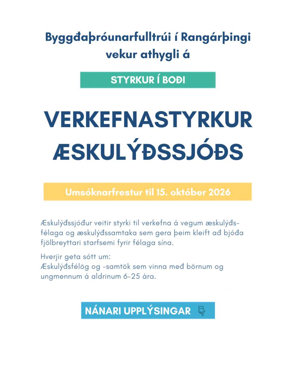 Opið fyrir umsóknir um verkefnastyrki Æskulýðssjóðs