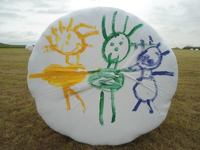 Leikskólabörn skreyta heyrúllur