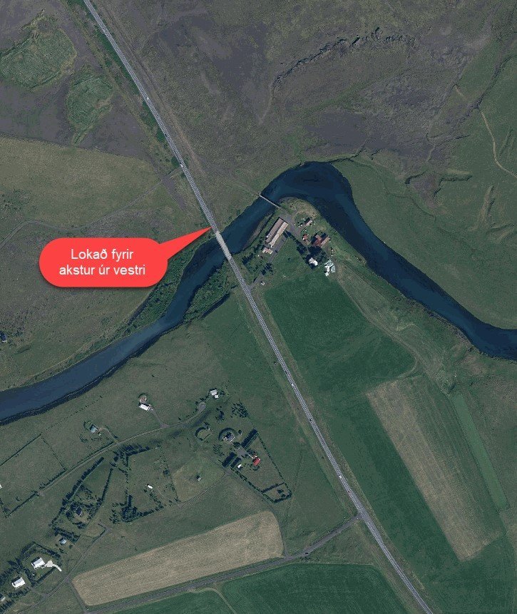 Truflun á umferð yfir brúna við Djúpadal (Eystri Rangá)