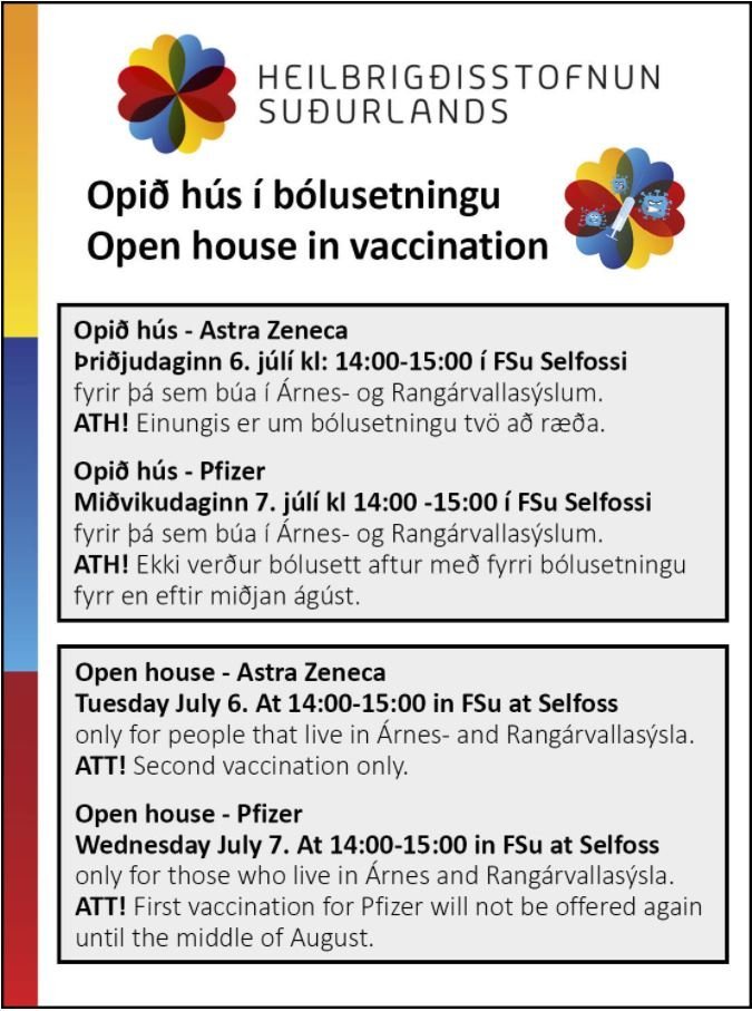 Opið hús í bólusetningu með Pfizer og Astra Zeneca